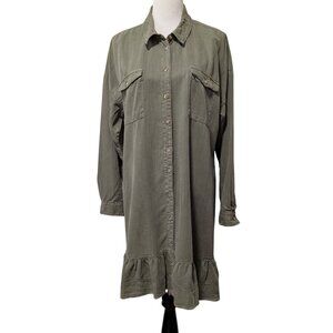 Pilcro Anthropologie Women NWT Sz L Olive Green Ruffle Hem Button LS Shift Dress
